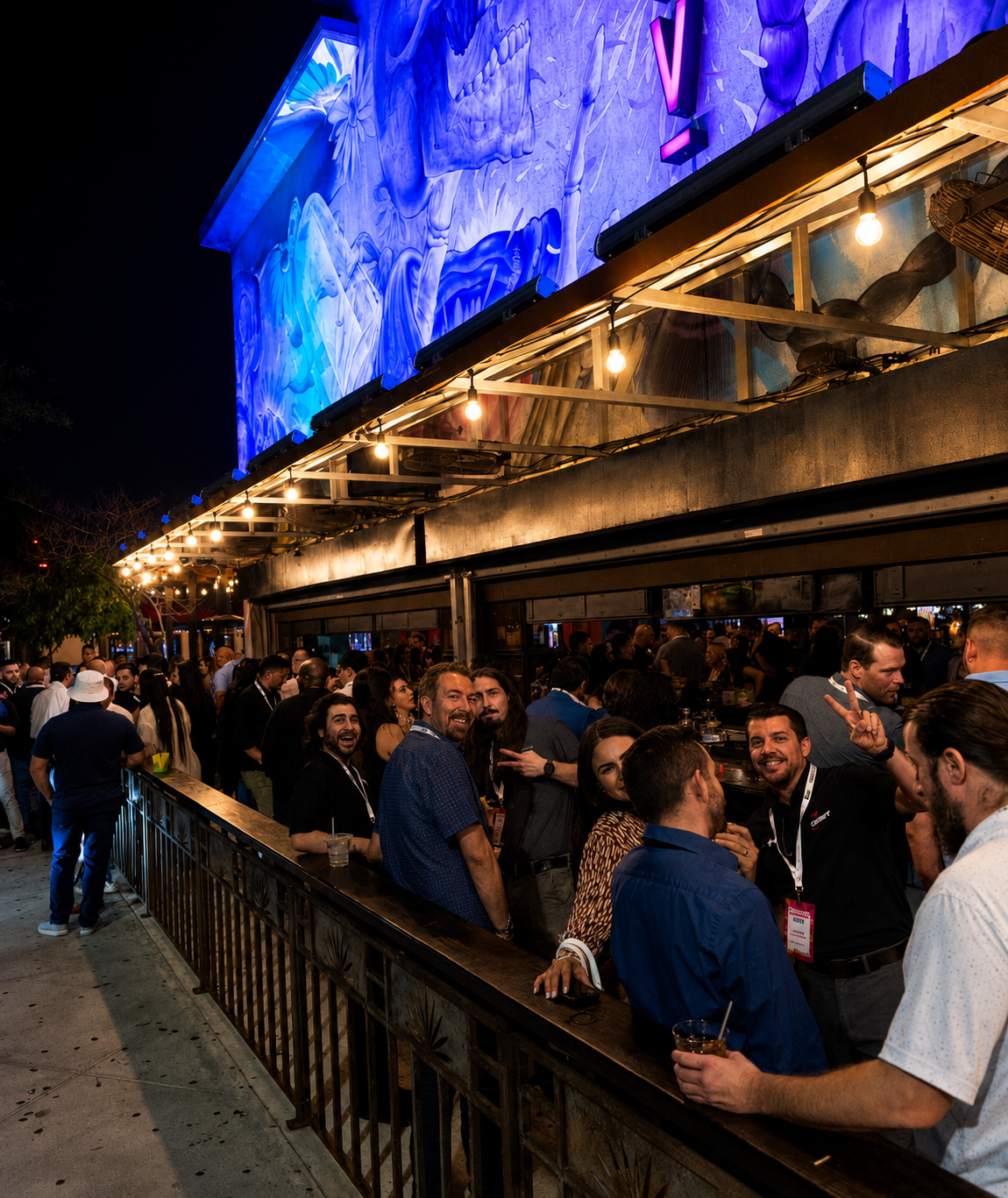 Agave Bandido packed outdoor patio crowd at night
